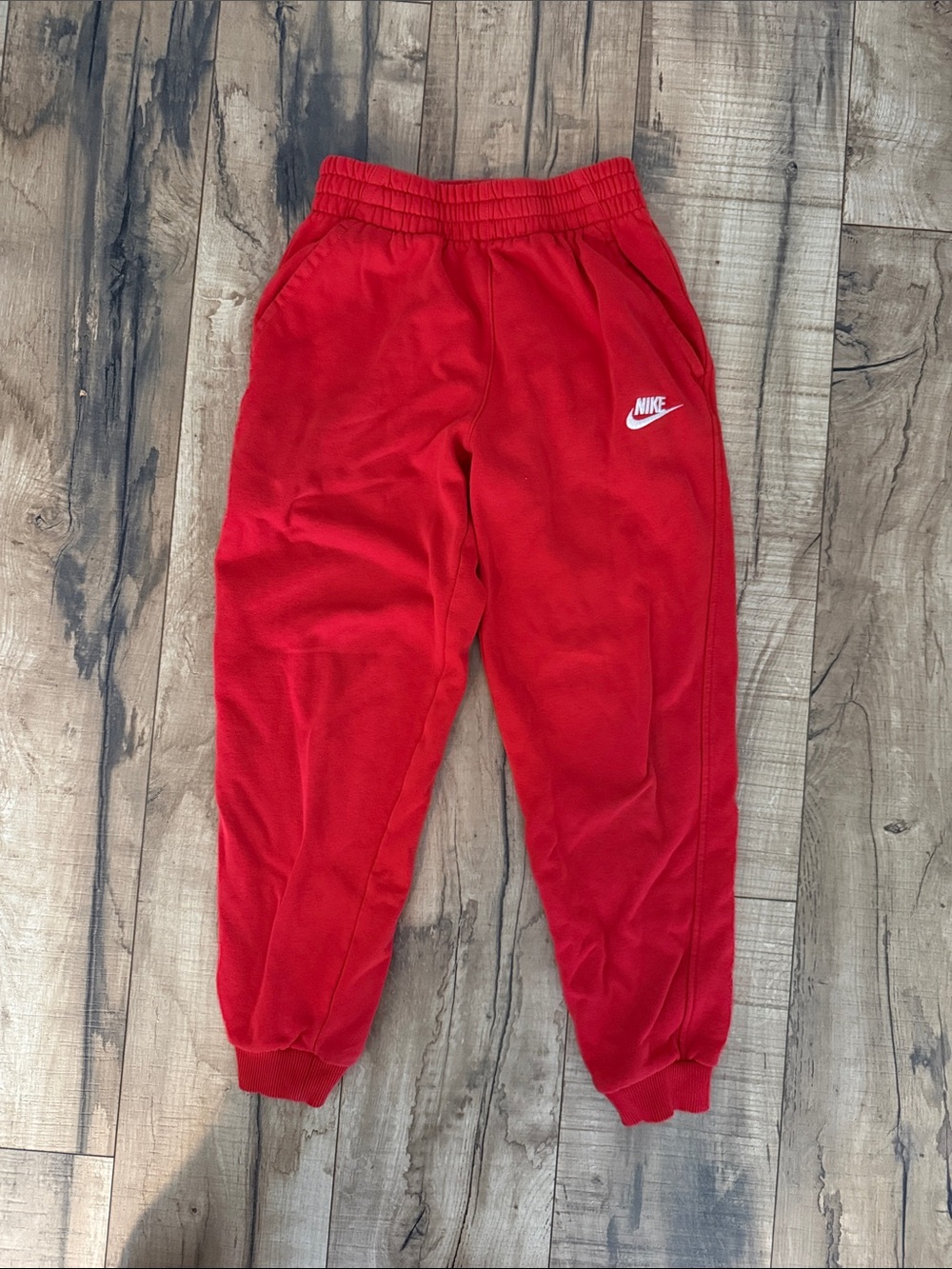 Nike Kids Red Fleece Joggers with White Swoosh
